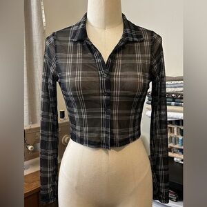 Fashion Nova Black & White Plaid Sheer Button-Down Crop Top